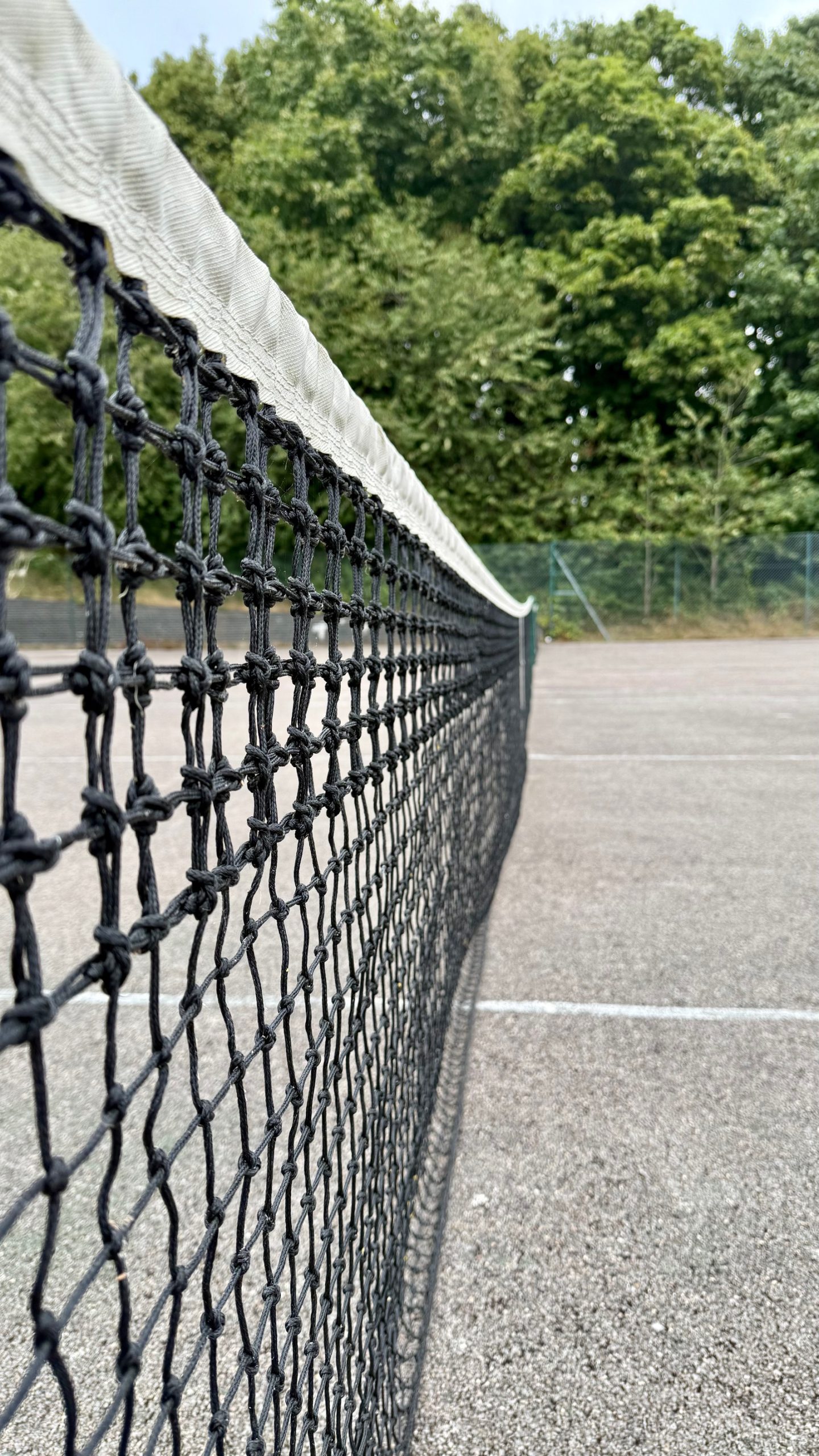 Hayes Point outdoor tennis court surrounded by trees and greenery, with net visible.