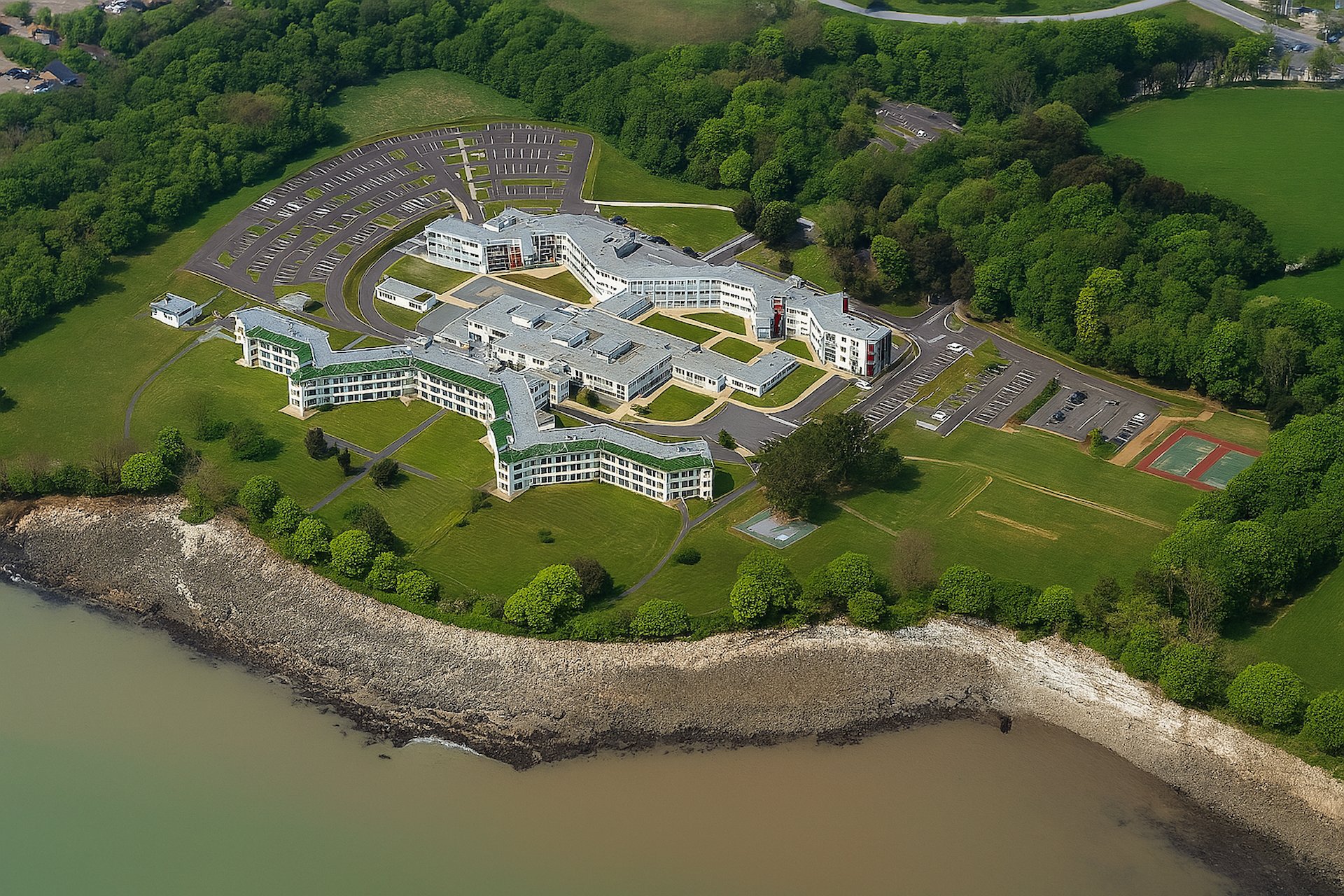 Hayes Point aerial shot showing buildings and sea.